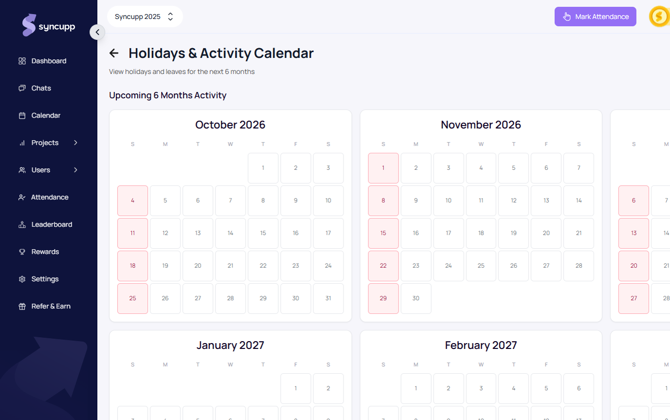 Syncupp Holidays and Activity Calendar