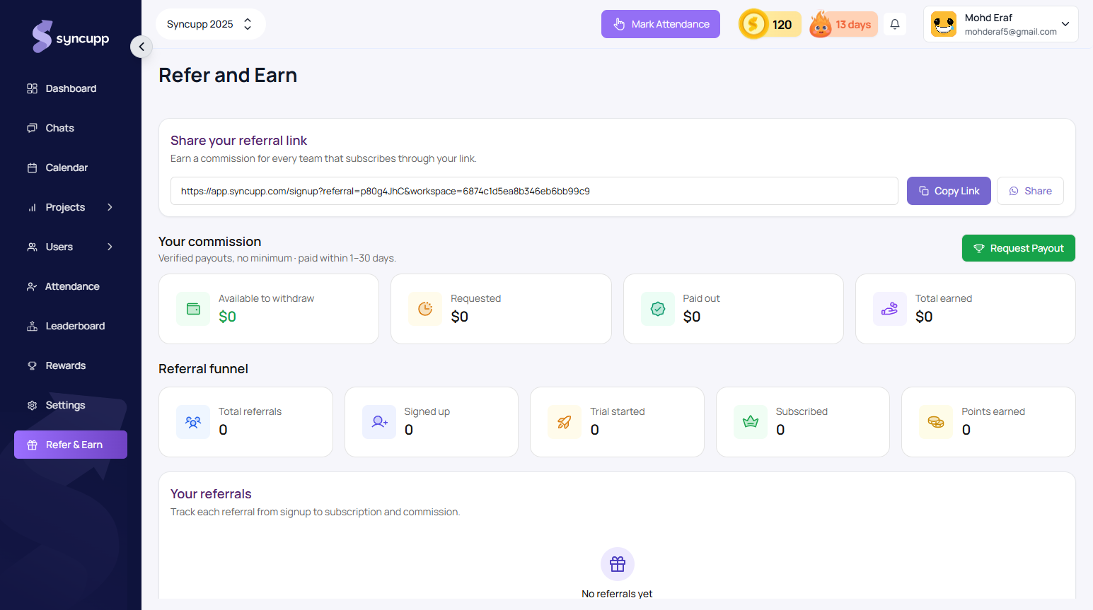 Syncupp Refer and Earn Affiliate Dashboard